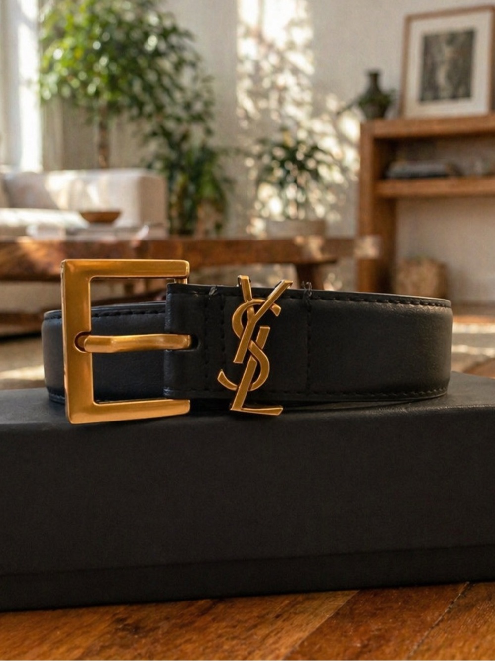 Black Leather Belt w/ Gold Buckle + Monogram Detail ✨